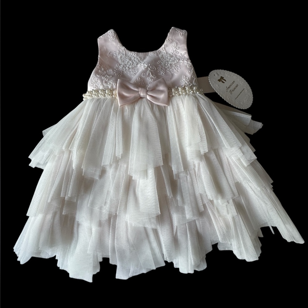 American Princess - Elegant Pink and White Baby Dress with Bow